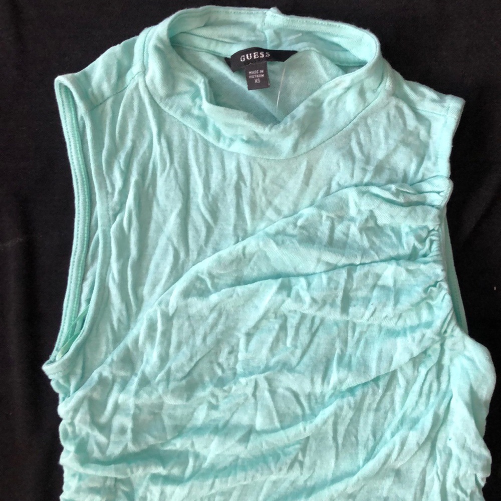 New Guess Mocked Neck Sleeveless Ruched Green Top Blouse S